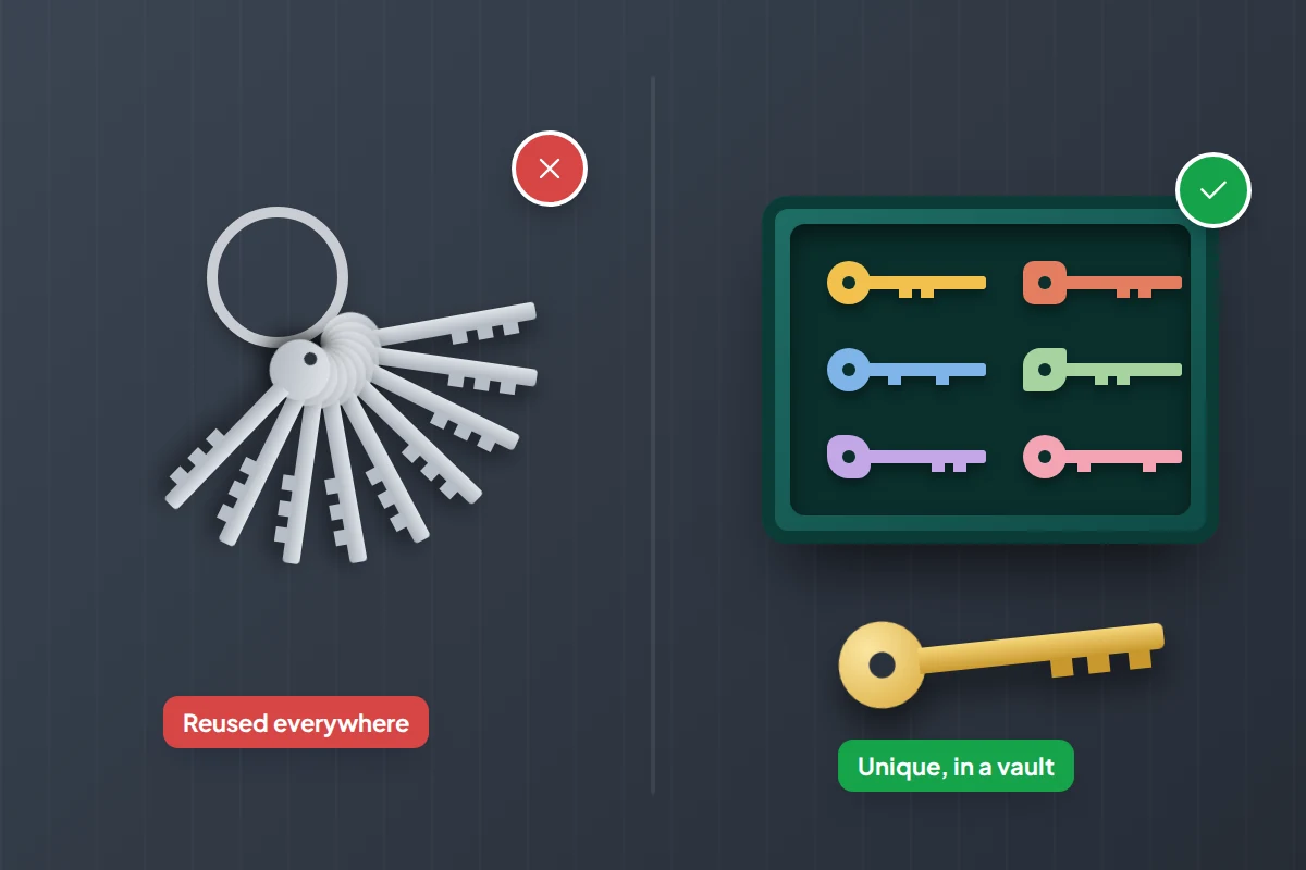 A keyring of identical keys beside a tray of different coloured keys with one gold key in front
