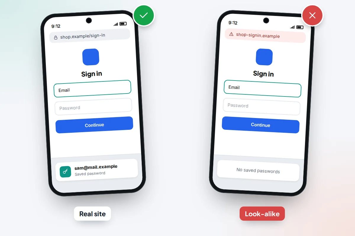 Two phones side by side: the real sign-in page offers a saved login, a look-alike page offers nothing