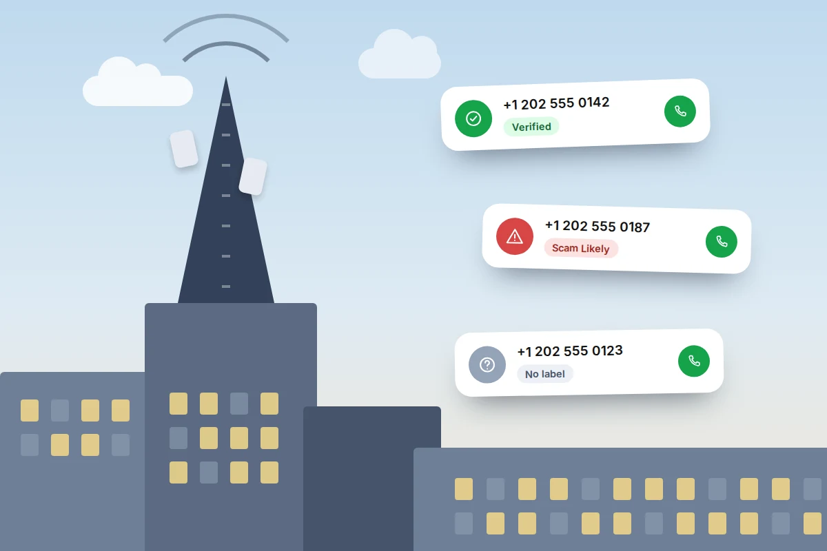 Phone mast on a rooftop with three incoming call cards marked verified, scam likely and no label