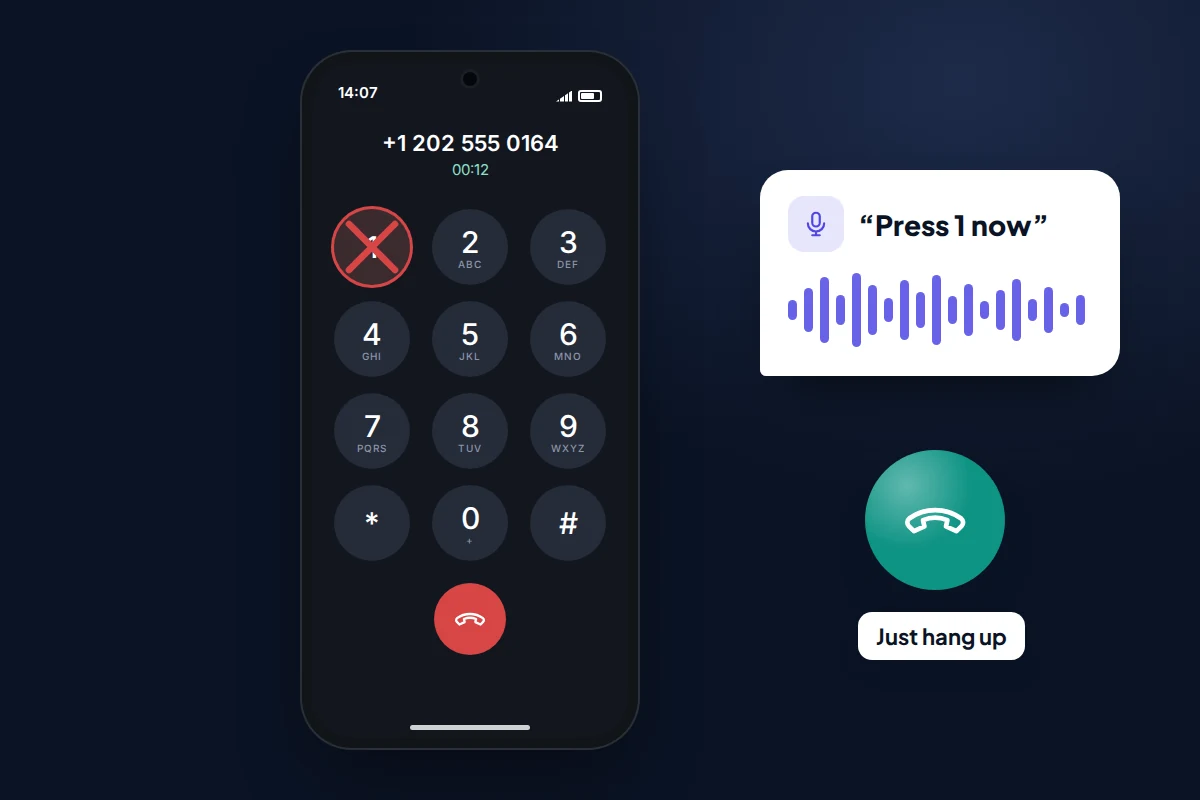 Phone keypad during a call with a robotic voice waveform and a red cross over the number 1