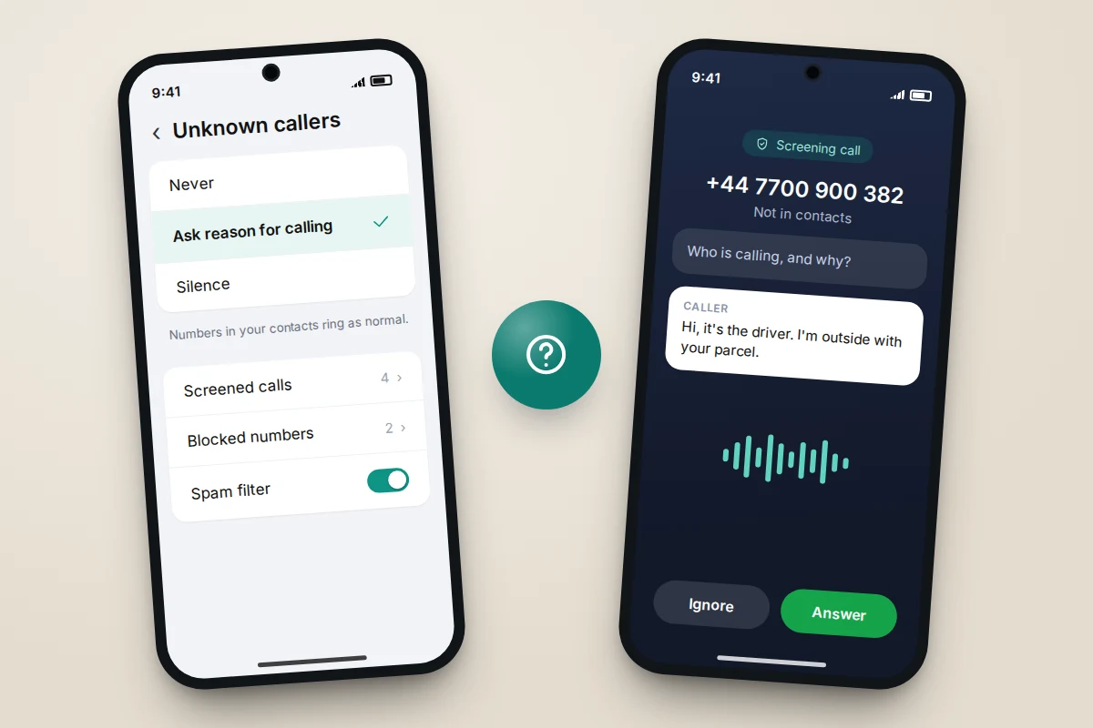 Phone settings screen with Ask Reason for Calling selected beside a second phone showing a caller's typed reason