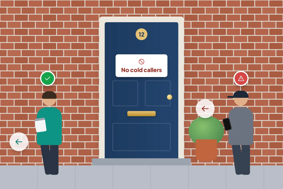 Front door with a no cold callers sign, one visitor turning away and another ignoring the sign