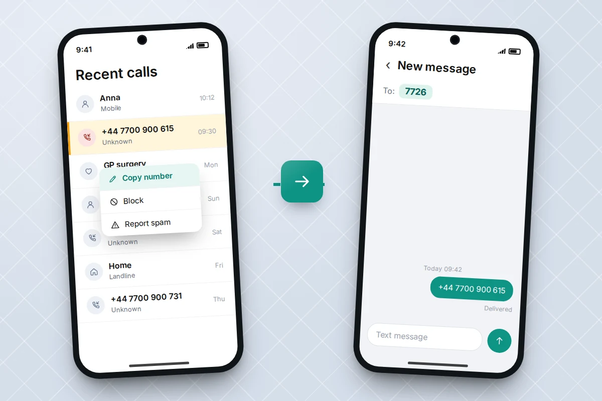 Phone recent calls list with one unknown number highlighted and an arrow to a new text addressed to 7726