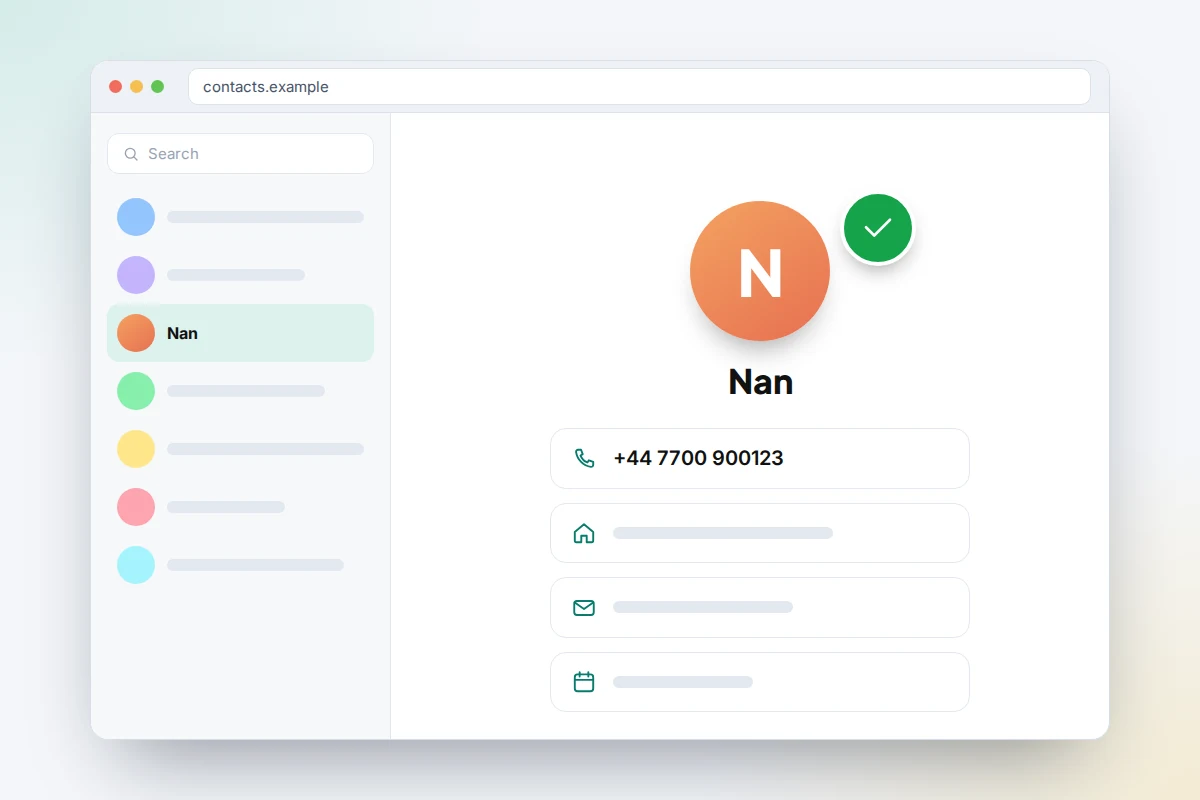 A browser window showing a contact card for Nan with a phone number, marked with a green tick