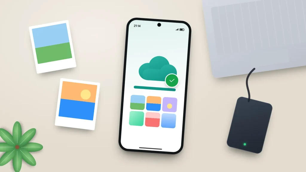 A phone showing a cloud with a green tick and a photo grid, on a desk with printed photos, a laptop and an external drive