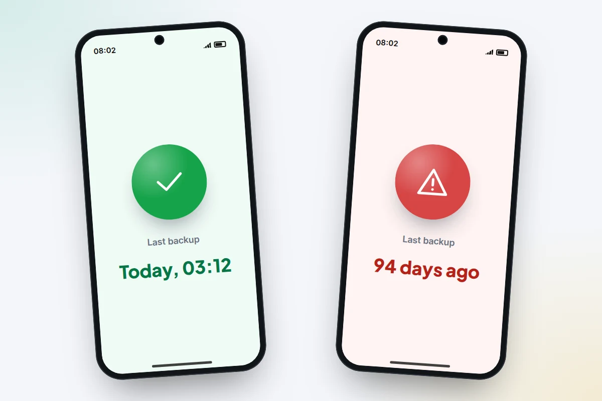 Two phones compared: one with a green tick and a last backup of today, one with a red warning sign and a backup 94 days old