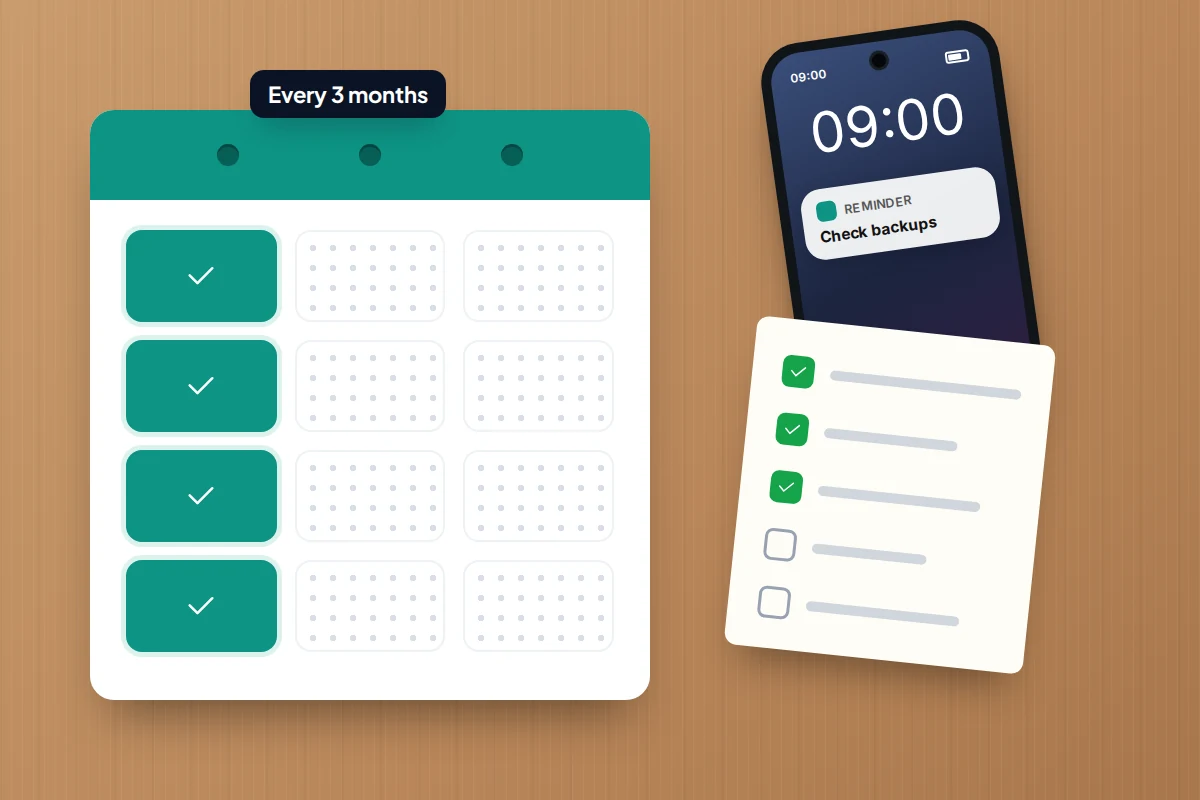 A calendar with one month in every three ticked, a phone showing a backup reminder and a partly ticked checklist