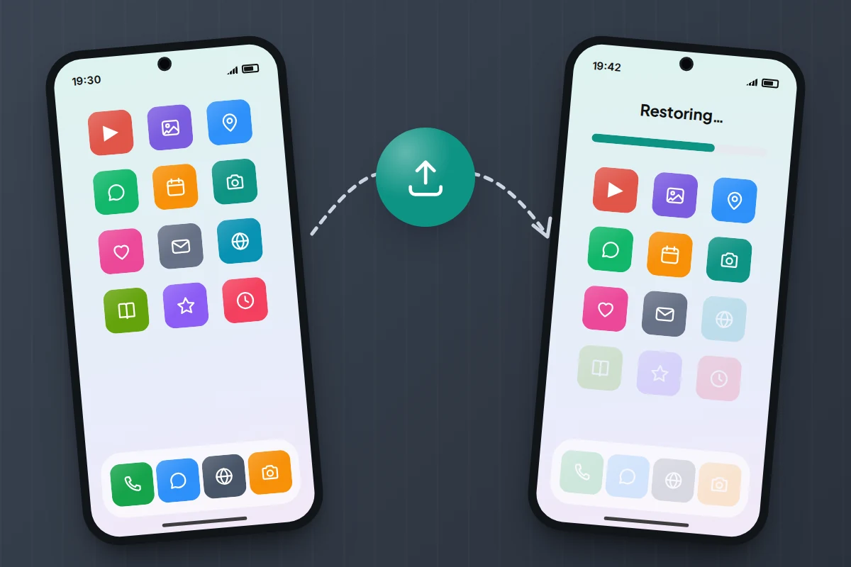 Two phones on a dark table linked by an upload icon; the second shows a restore progress bar and apps still appearing