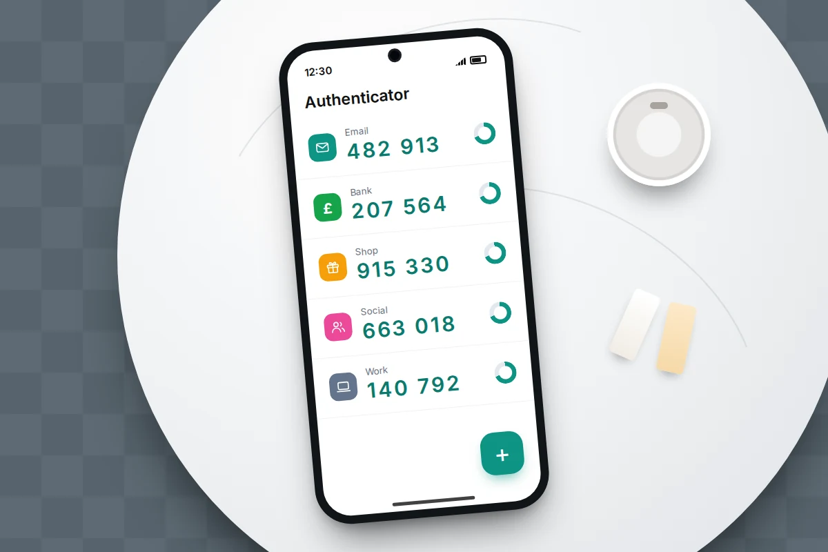 Phone on a round cafe table showing six-digit codes with countdown rings for email, bank, shop and other accounts