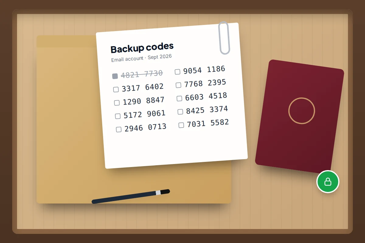 Printed sheet of backup codes half inside a document folder next to a passport-style booklet