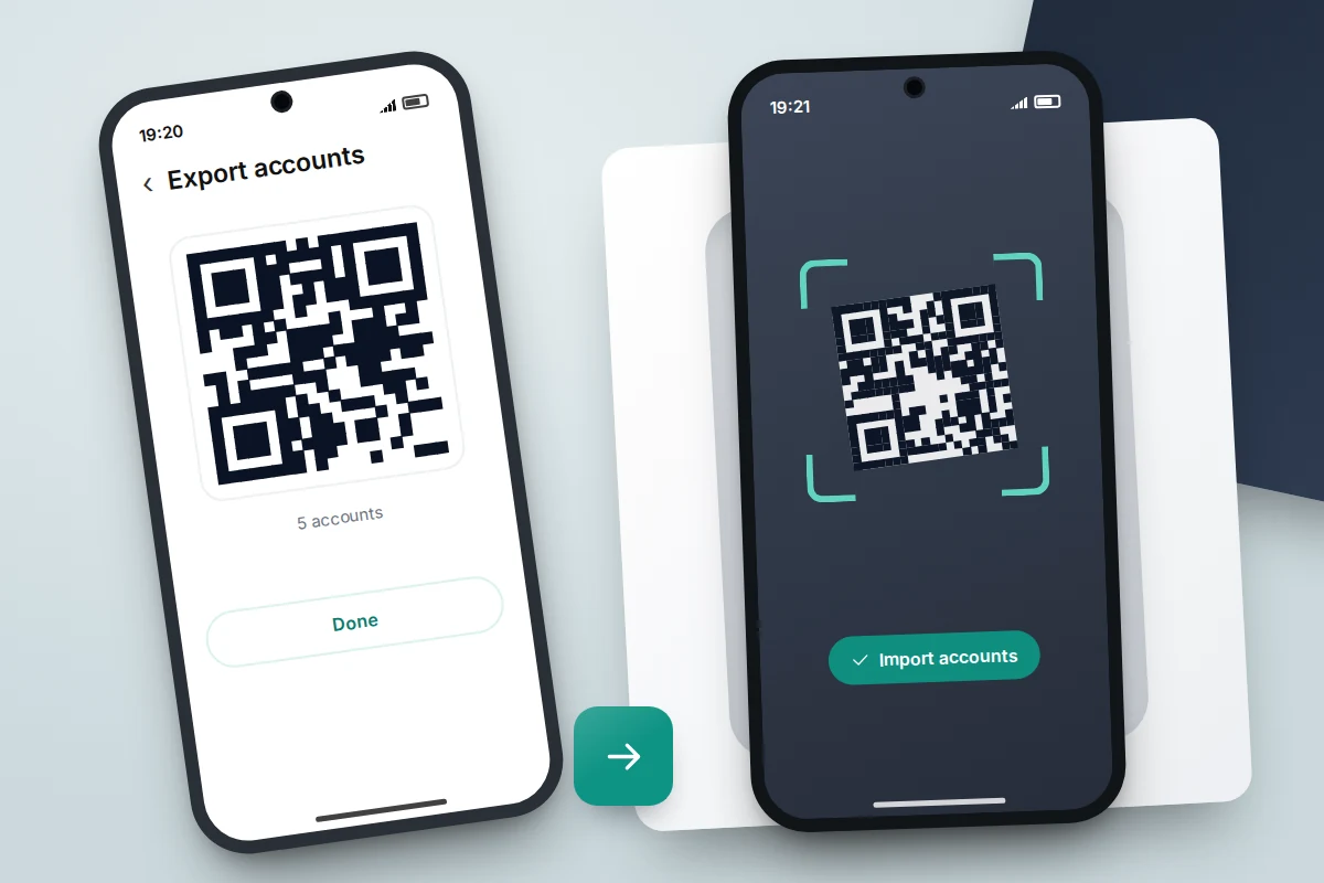 Old phone showing an export QR code beside a new phone scanning it on top of its open box