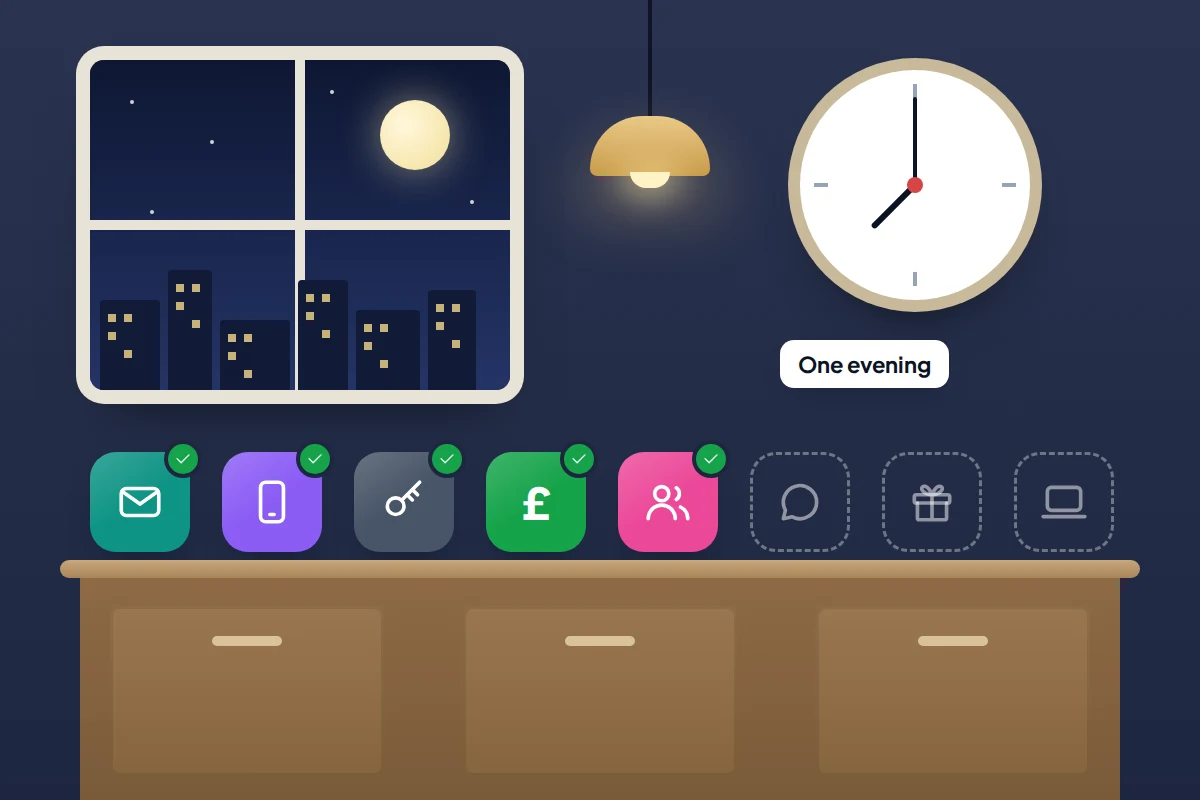 Evening room with a window and wall clock above a shelf of account icons, five ticked off and three still to do