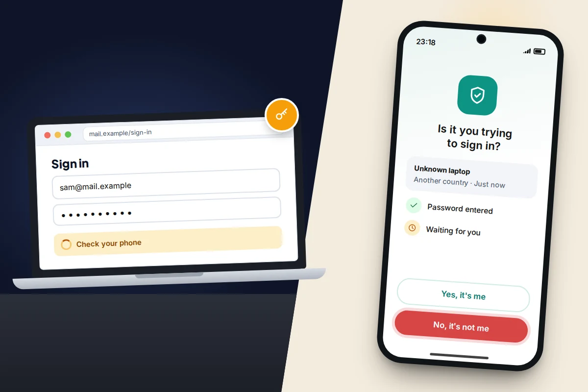 Laptop sign-in page with a password entered while a phone beside it shows a prompt with a large No button