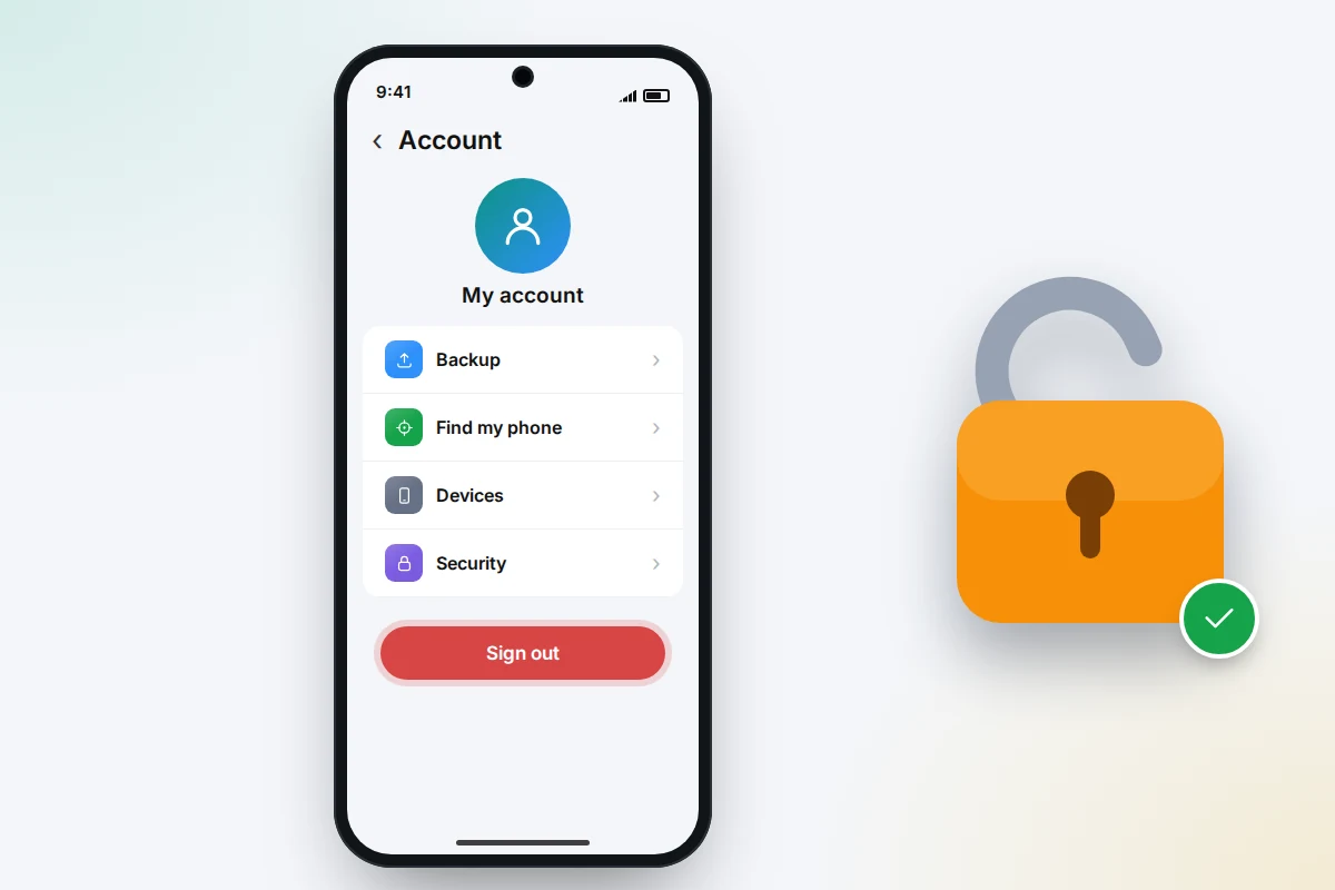 A phone showing an account screen with a red sign out button, and a large padlock opening beside it