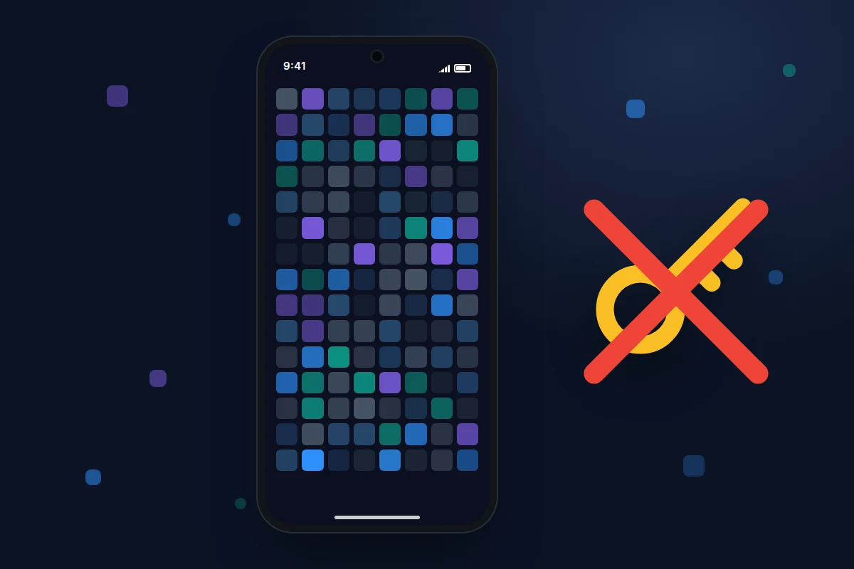 A phone surrounded by scrambled data blocks, with a key crossed out in red beside it