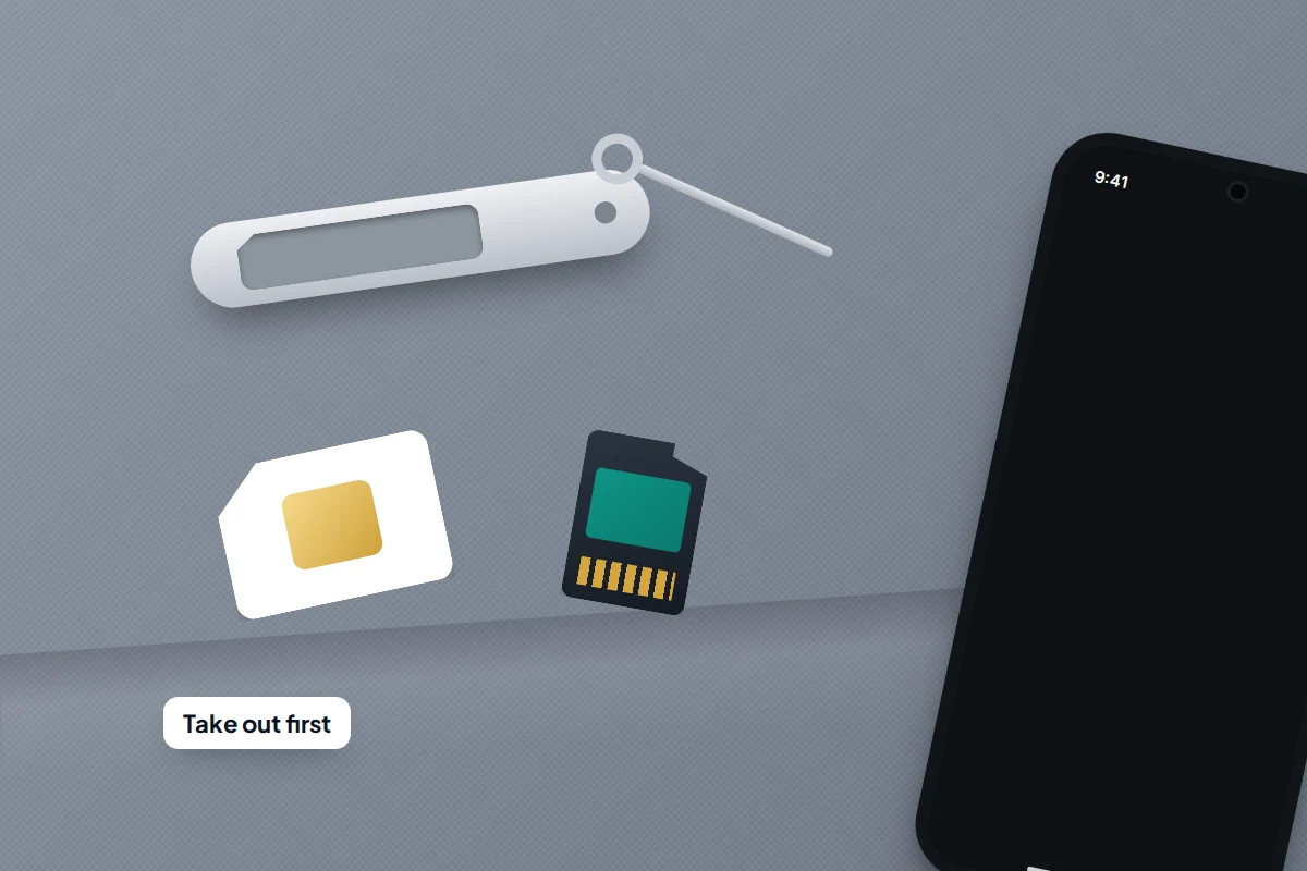 An ejected SIM tray, a SIM card, a microSD card and a SIM tool laid out on a folded grey cloth
