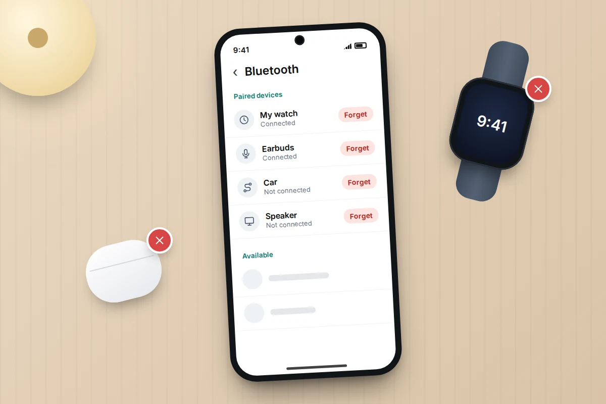 A smartwatch and earbuds case marked with red crosses beside a phone showing paired Bluetooth devices with Forget buttons