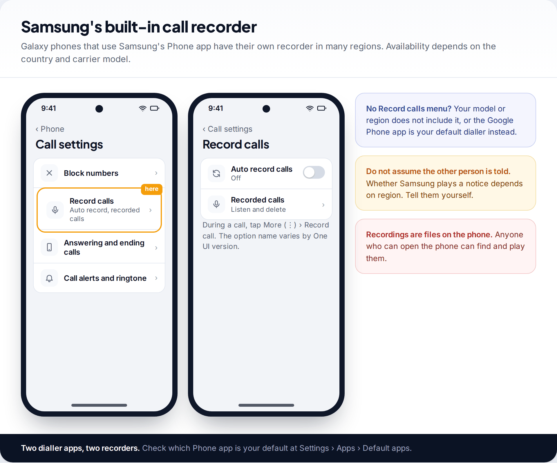 Samsung Phone app call settings with Record calls highlighted, and the Record calls screen with Auto record calls and Recorded calls