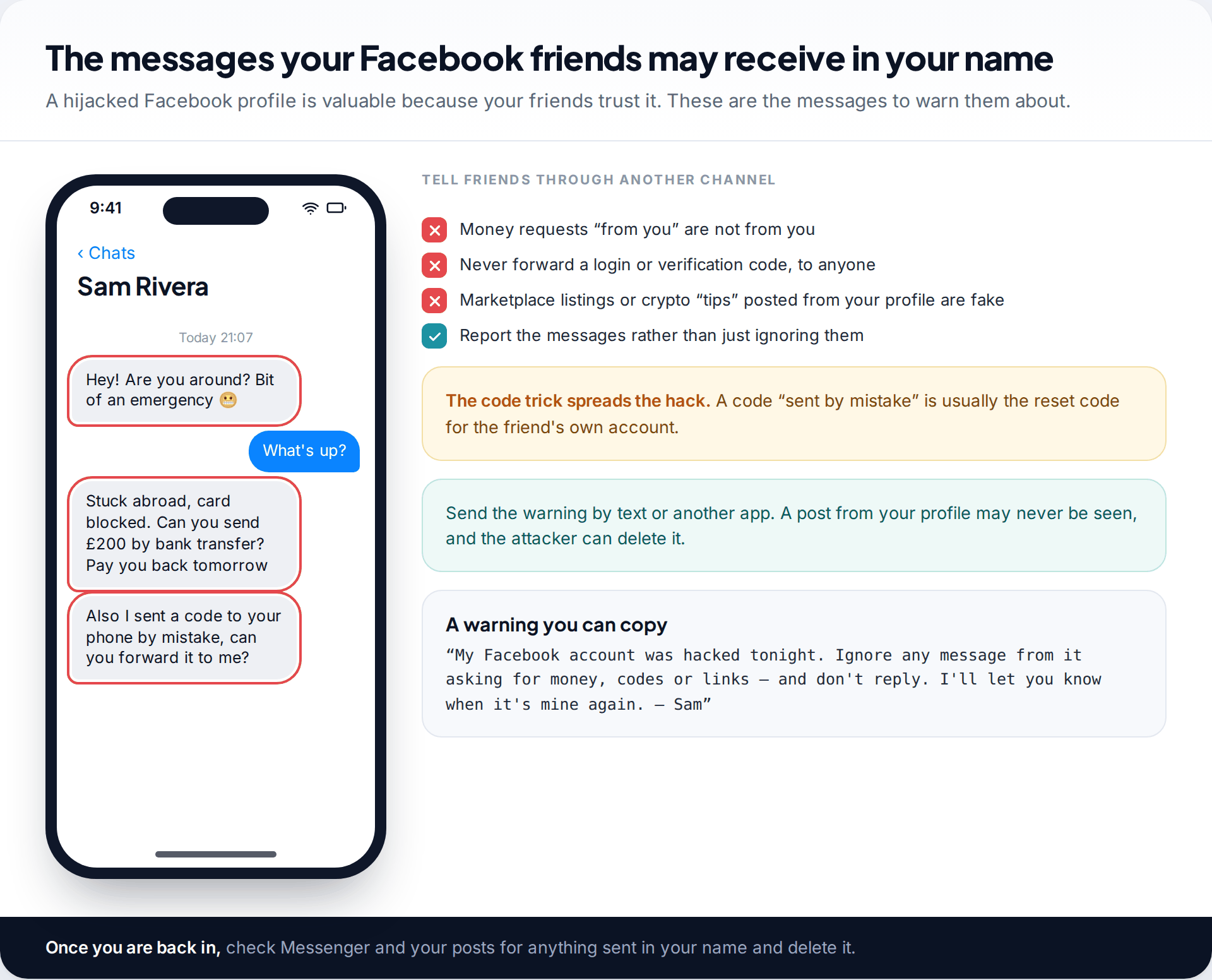 Messenger chat from a hijacked Facebook account asking a friend for money and a login code, with warnings to share with friends