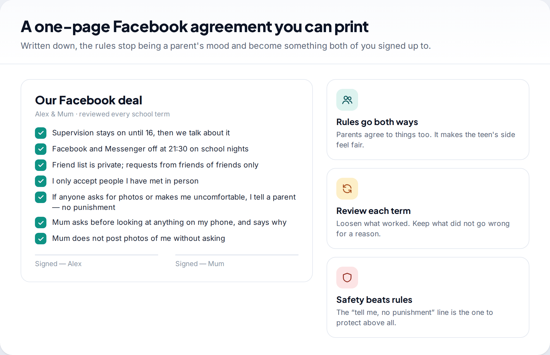 Printable one-page family agreement for Facebook use with rules for the teen and the parent and space for both signatures