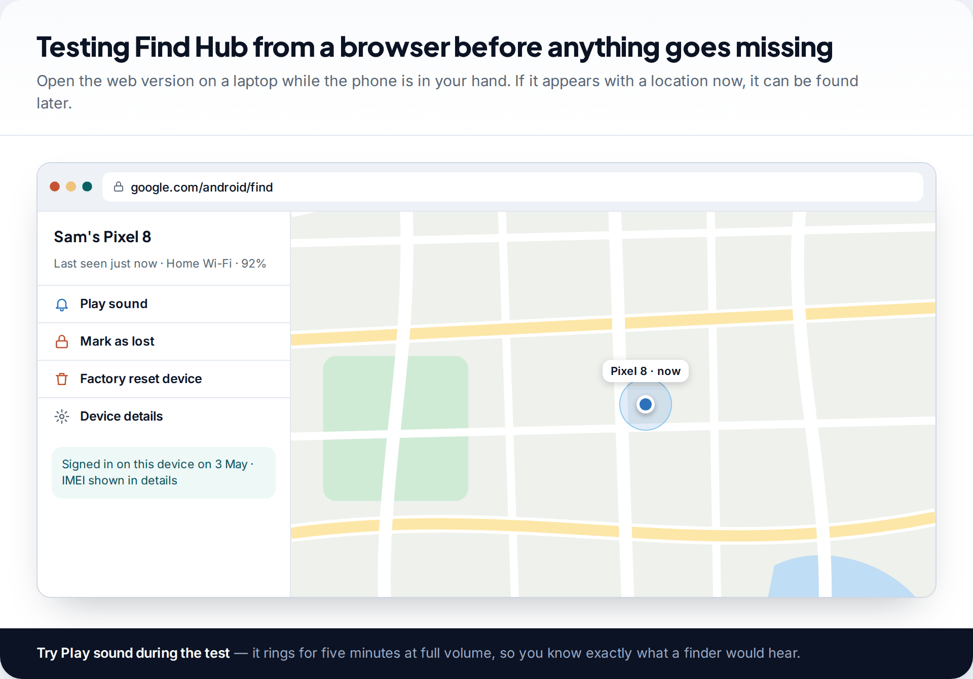 Browser showing google.com/android/find with a Pixel 8 on the map, its last-seen status and the Play sound, Mark as lost and Factory reset options