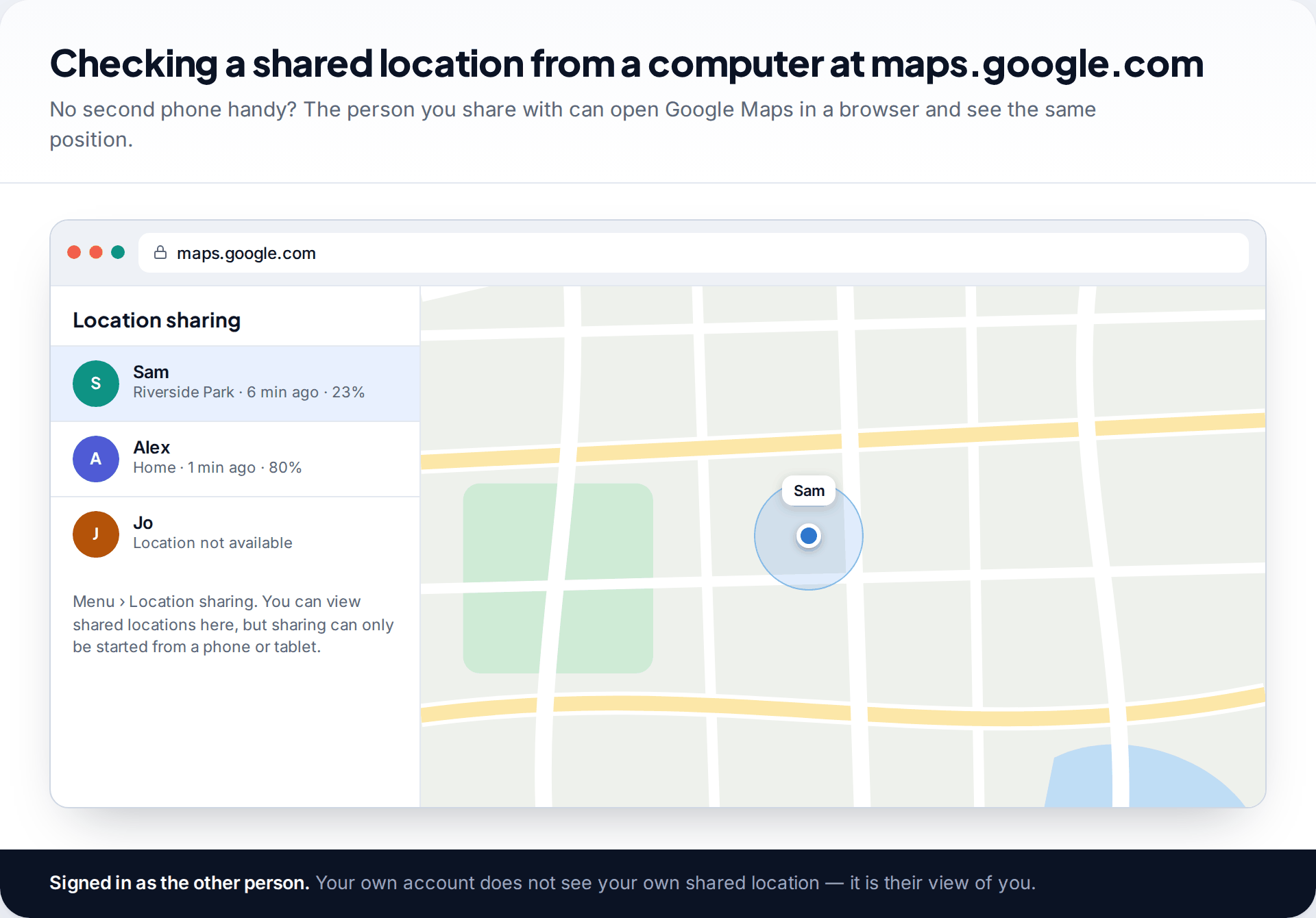 Browser showing maps.google.com with the Location sharing panel listing three people, one selected with location, update time and battery, and the map beside it
