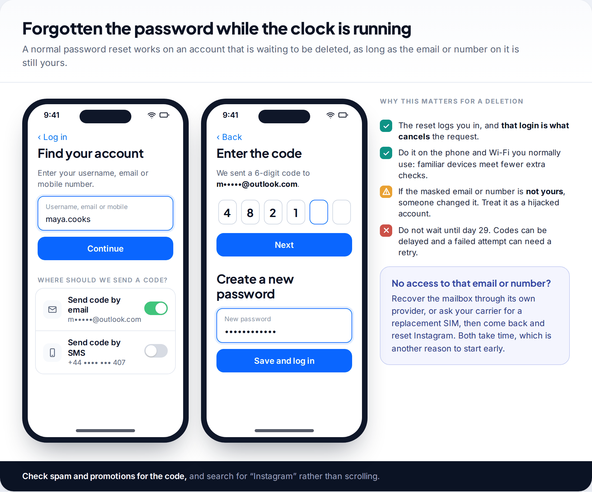 Instagram password reset screens showing the choice to send a code by email or SMS, the code entry screen and the new password screen