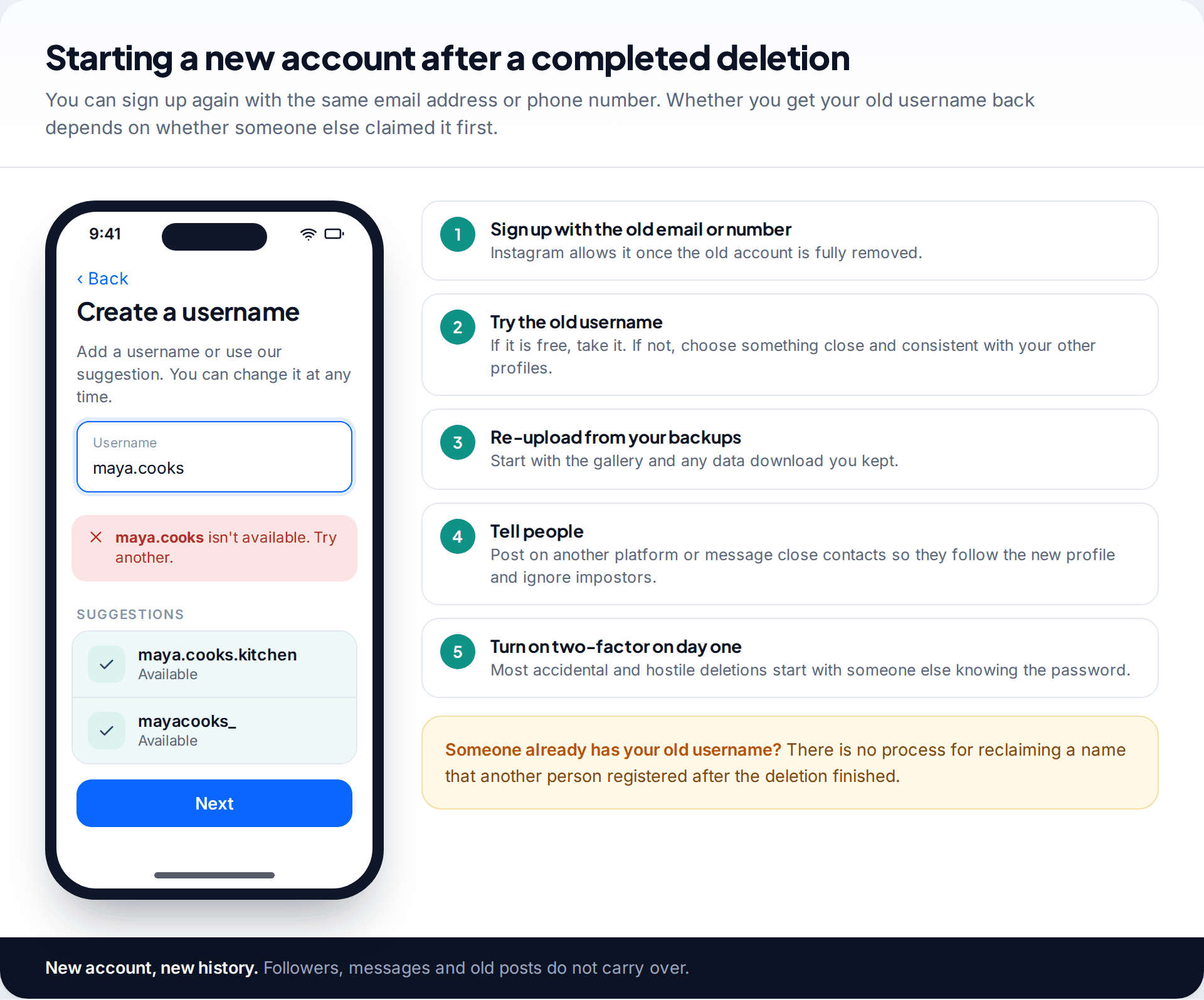 Instagram sign-up screen showing the old username is not available, with suggested alternatives and a checklist for rebuilding an account