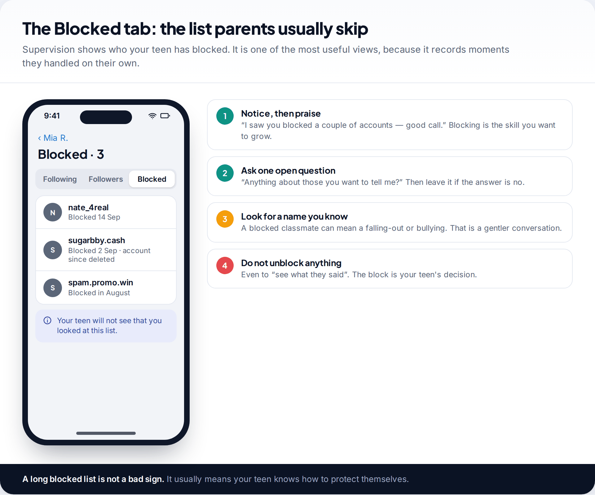 Instagram Supervision blocked accounts list showing three blocked accounts with dates, beside four steps for talking about it