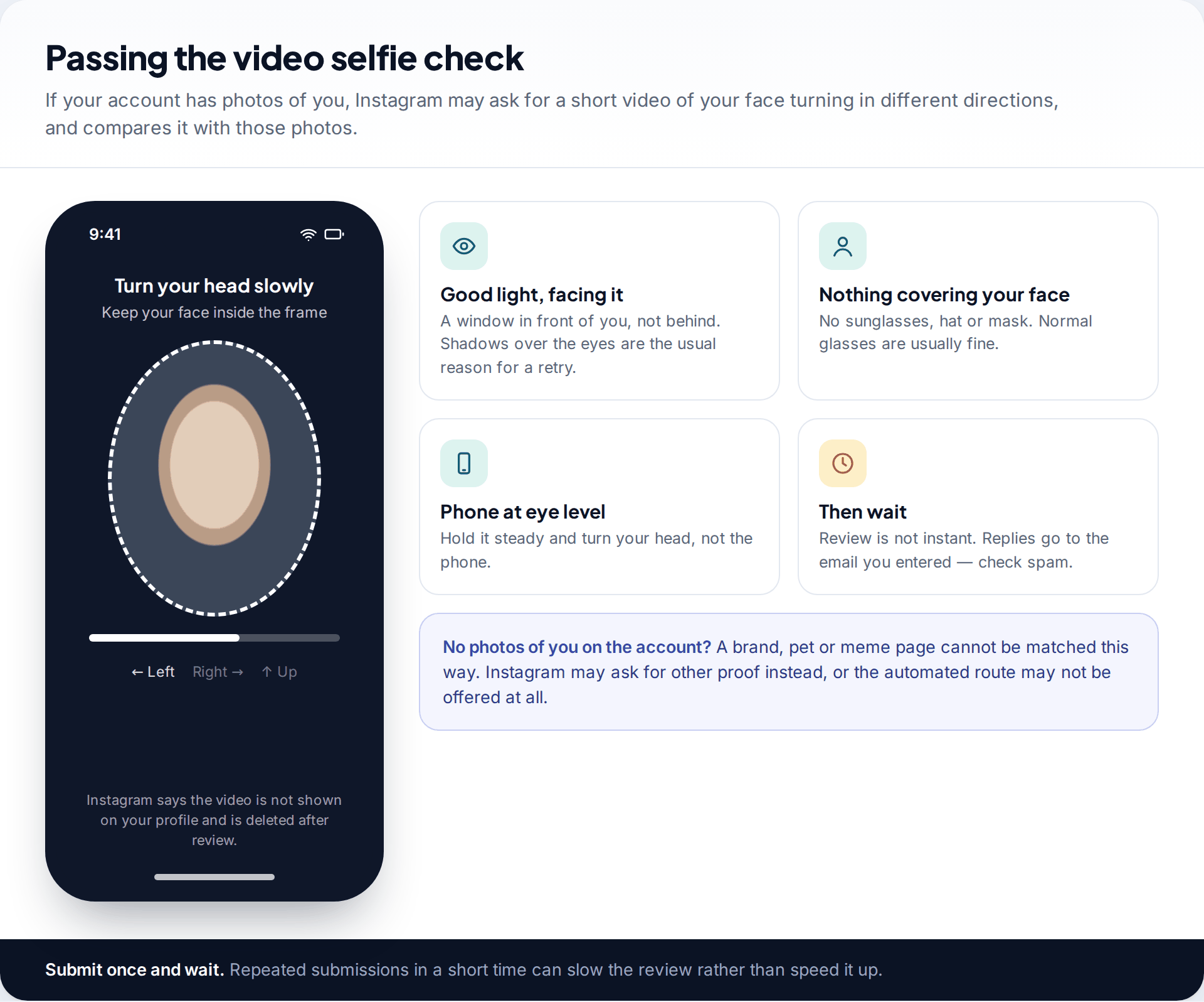 Phone screen during Instagram video selfie verification asking the user to turn their head, with tips on lighting, face coverings and holding the phone