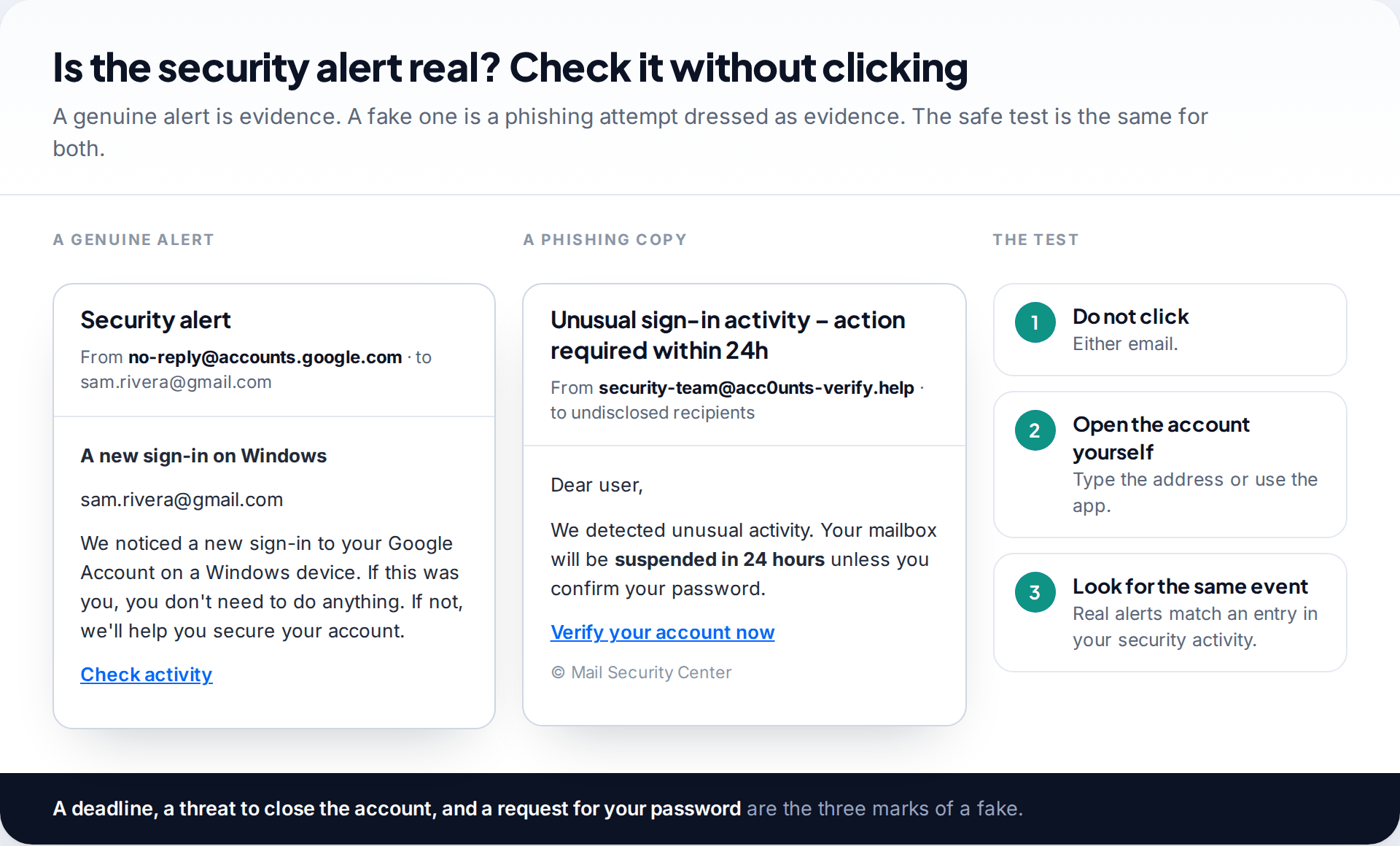 Side-by-side comparison of a genuine Google new sign-in security alert and a phishing email with a 24-hour suspension threat and a lookalike sender