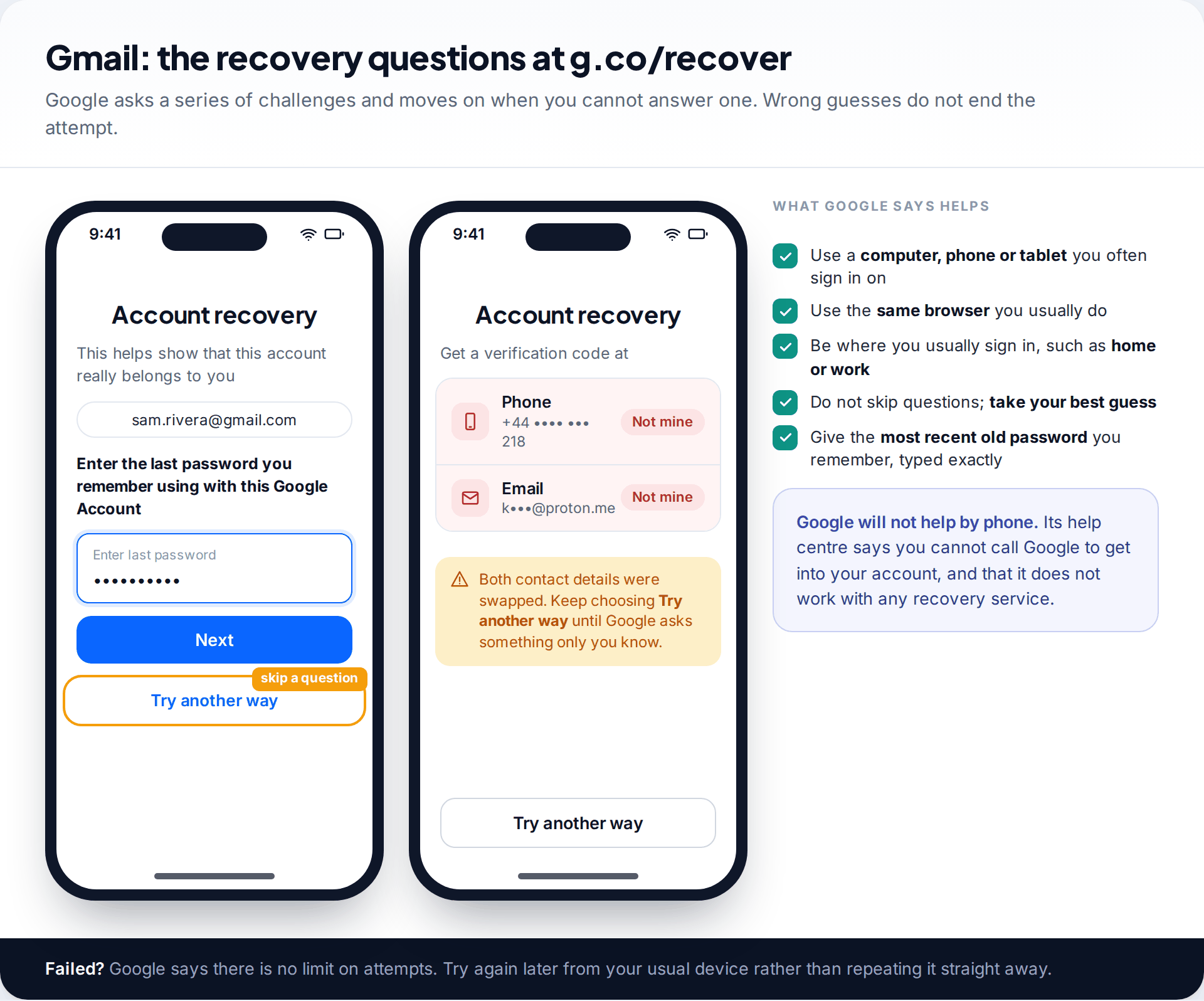 Two phone screens from Google account recovery, one asking for the last password remembered and one showing a recovery phone and email that the attacker changed