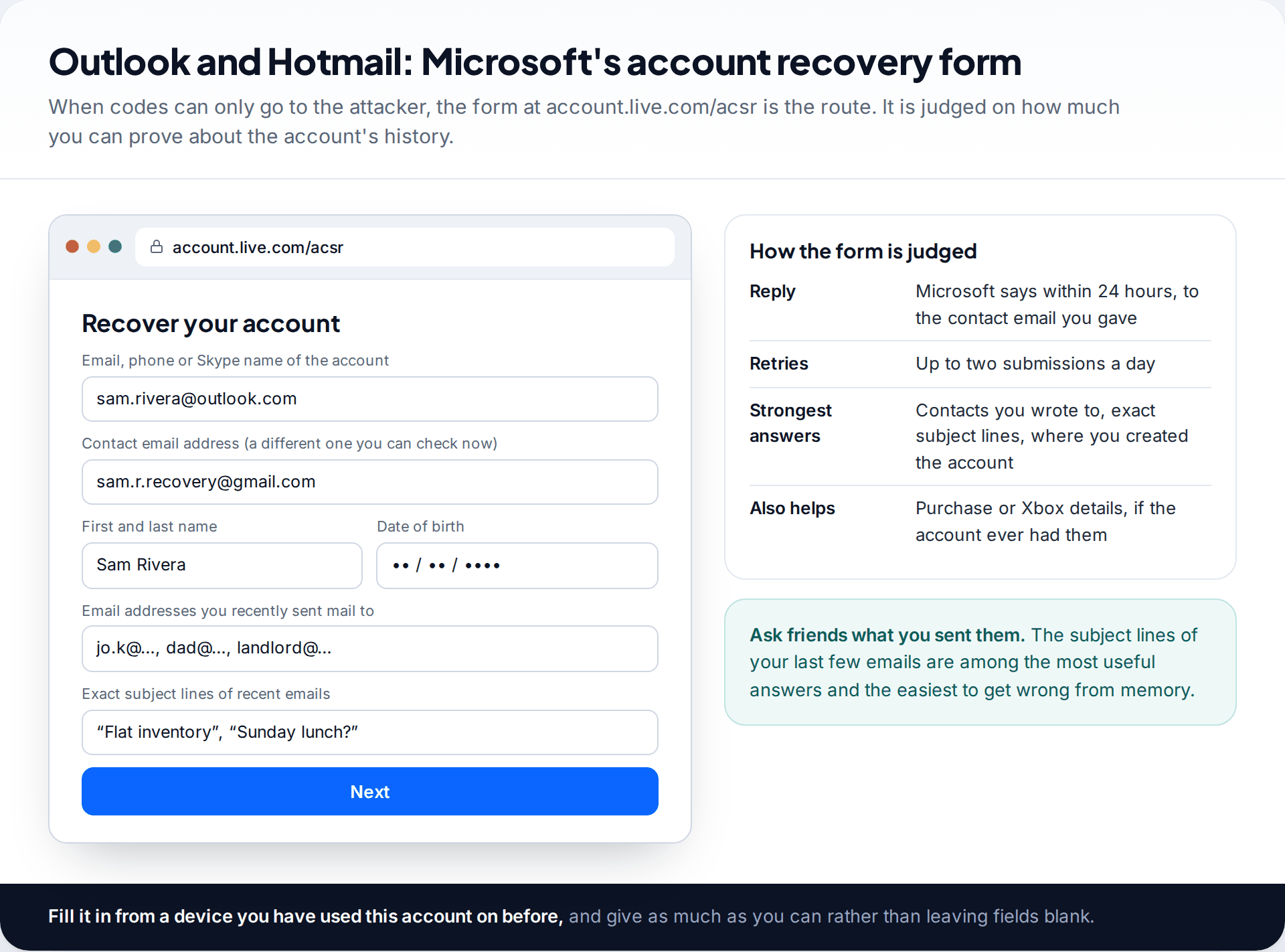 Browser mockup of the Microsoft account recovery form asking for a contact email, name, date of birth, recent recipients and email subject lines