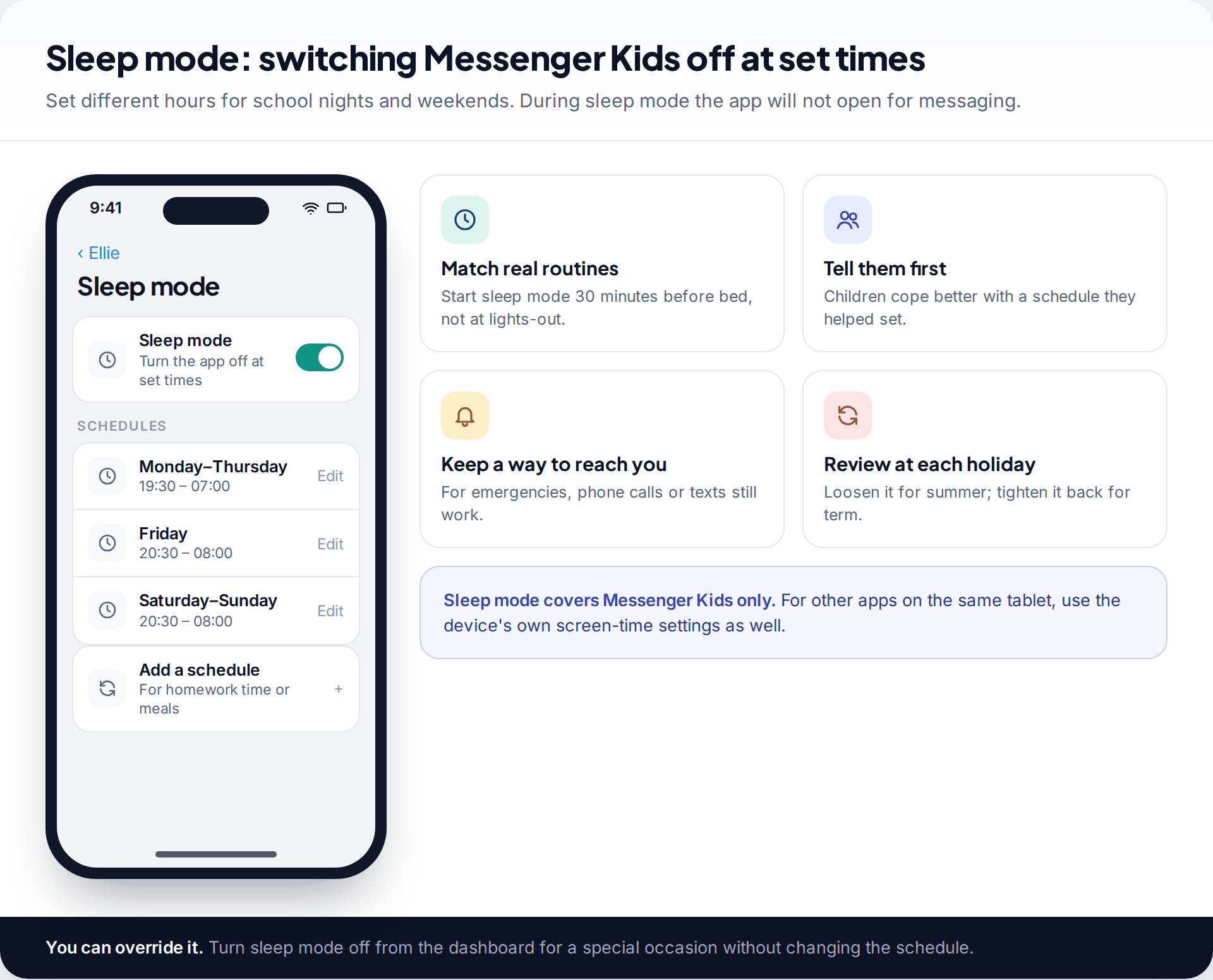 Messenger Kids sleep mode settings with separate schedules for school nights, Friday and the weekend, beside tips for setting realistic times