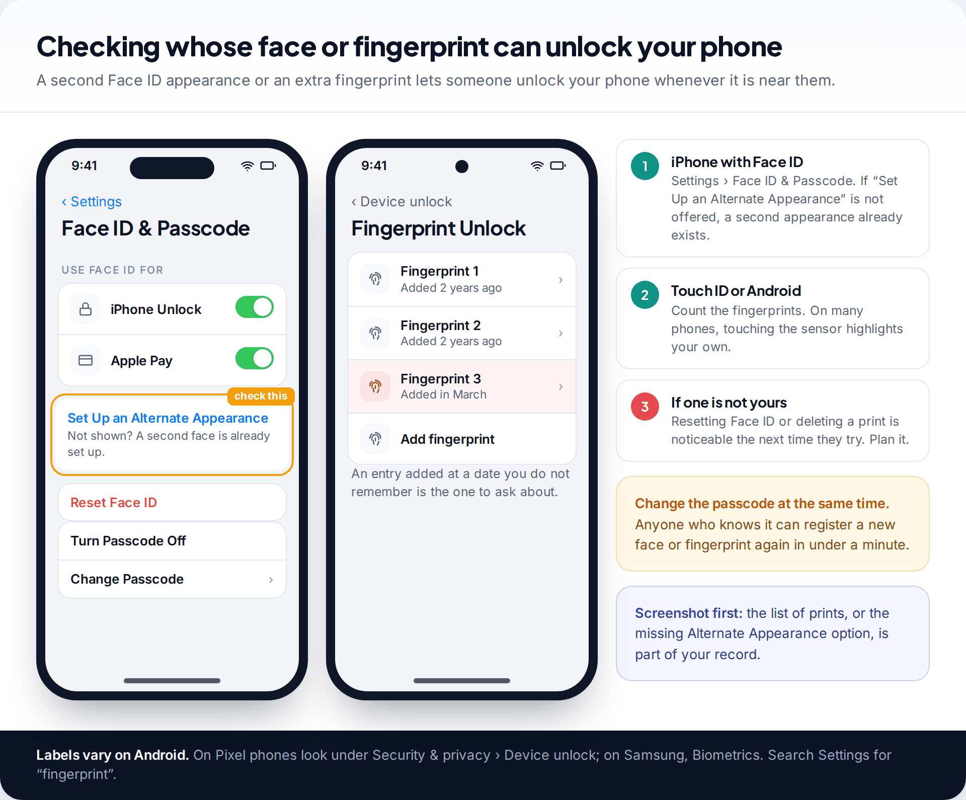 iPhone Face ID and Passcode settings showing where to spot an alternate appearance, and an Android fingerprint list with an extra fingerprint added recently
