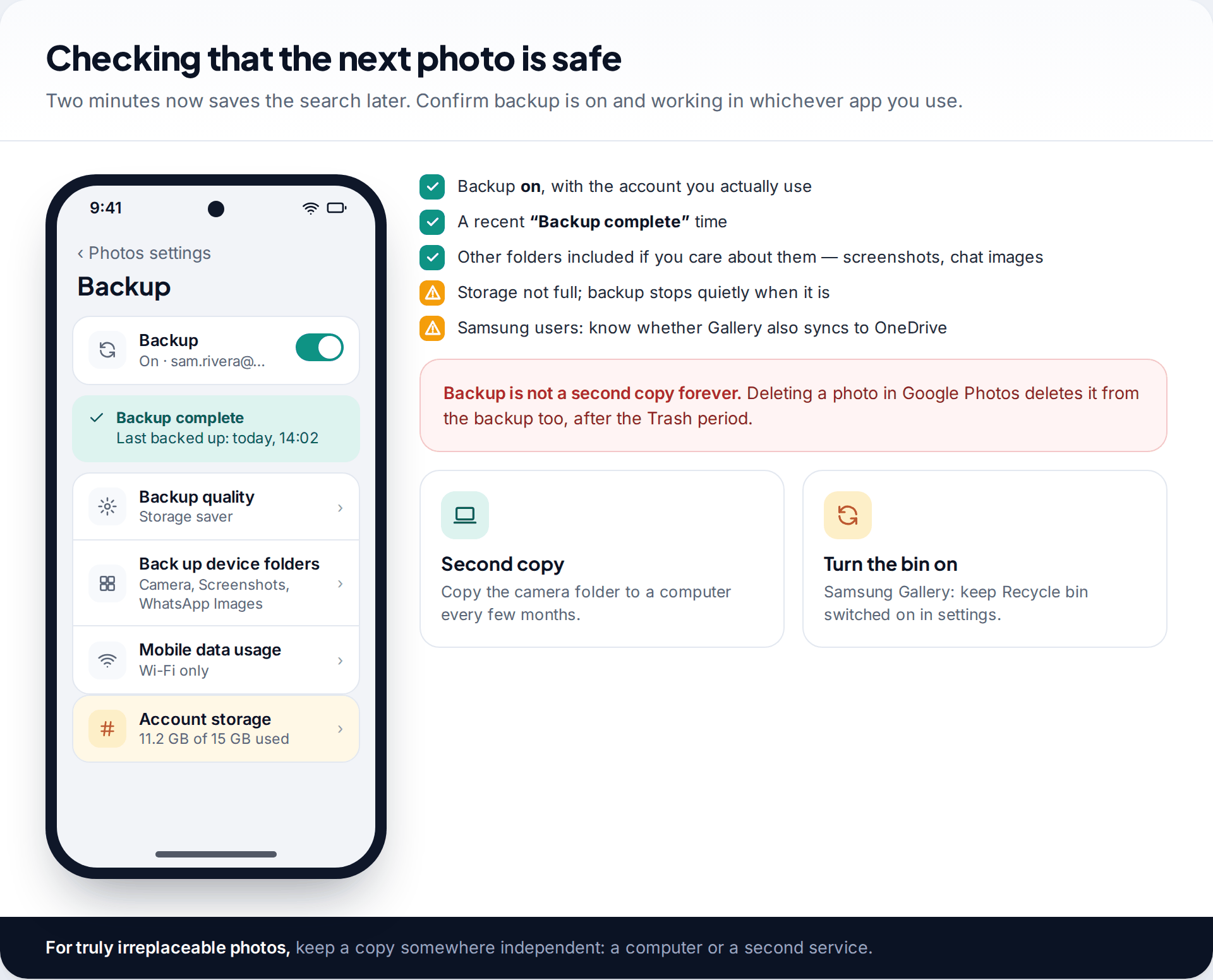 Google Photos backup settings on Android showing backup on, a recent Backup complete time, device folders and storage used, beside a checklist for confirming backups work