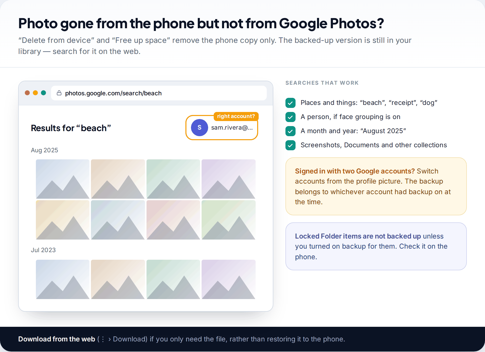 Google Photos website showing search results for beach with the signed-in account highlighted, and tips for searching and switching accounts to find backed-up photos