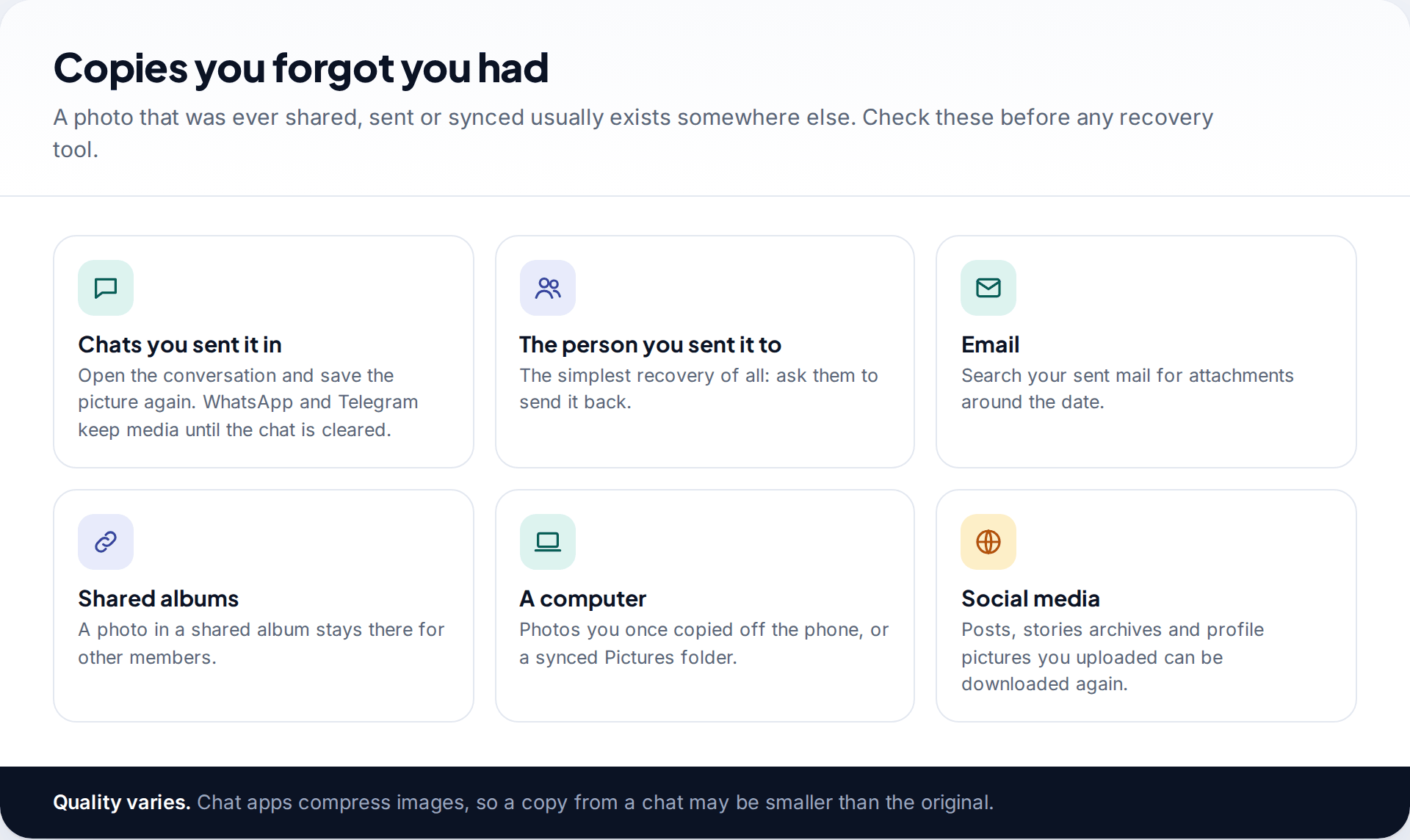 Six tiles listing places copies of deleted photos often survive: chats, the person you sent it to, email, shared albums, a computer and social media