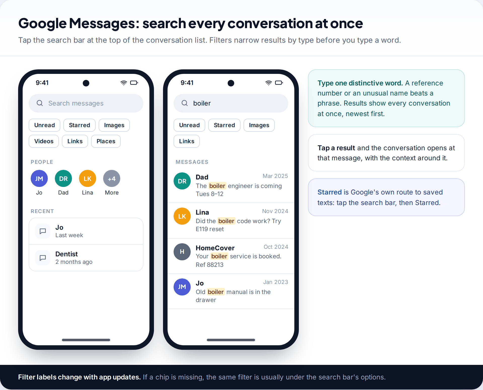 Two Google Messages screens showing the search bar with filters for Starred, Images, Videos and Links, and results for the word boiler across several conversations