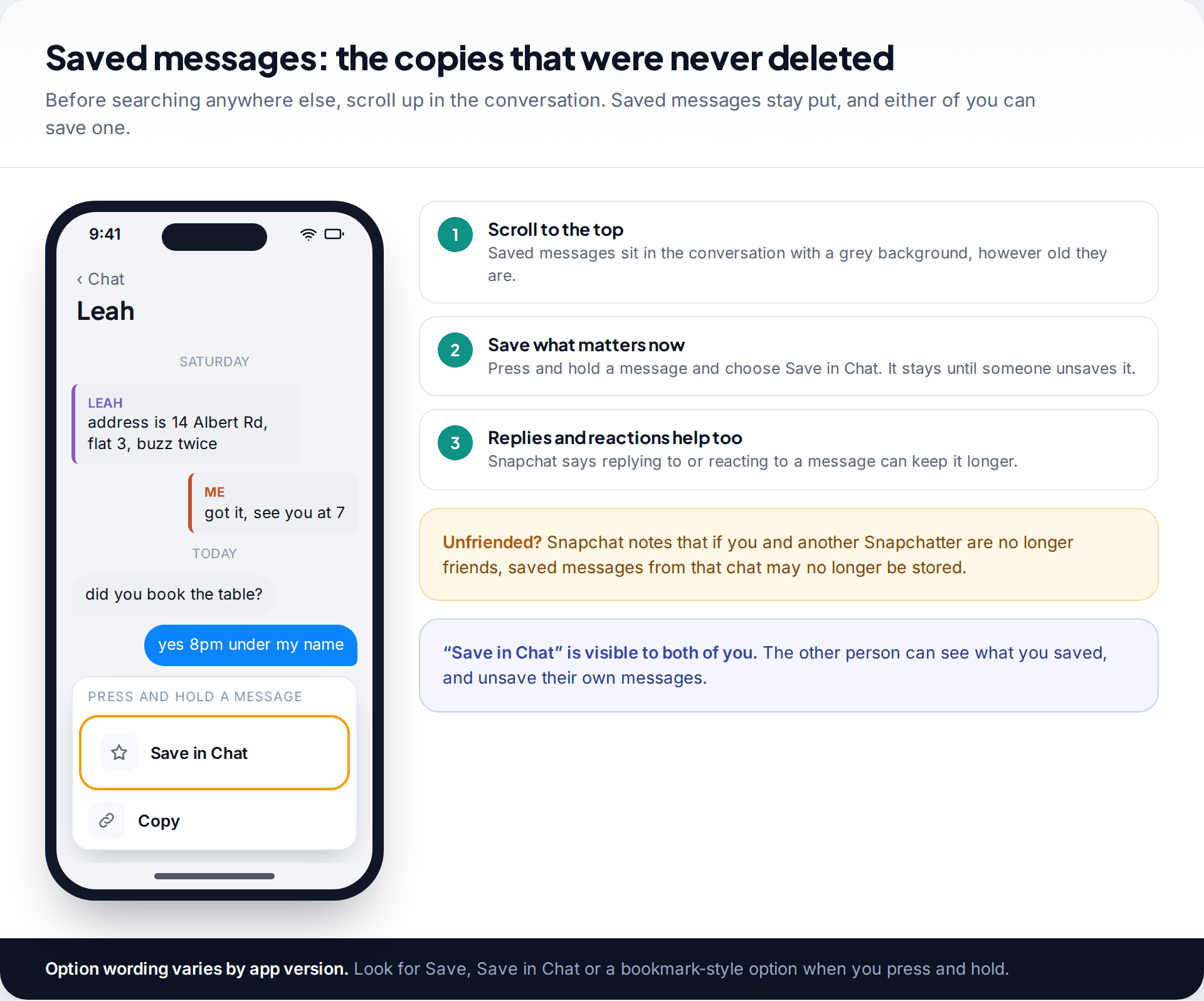 Snapchat conversation with two older saved messages shown with a grey background and the press-and-hold message options including Save in Chat