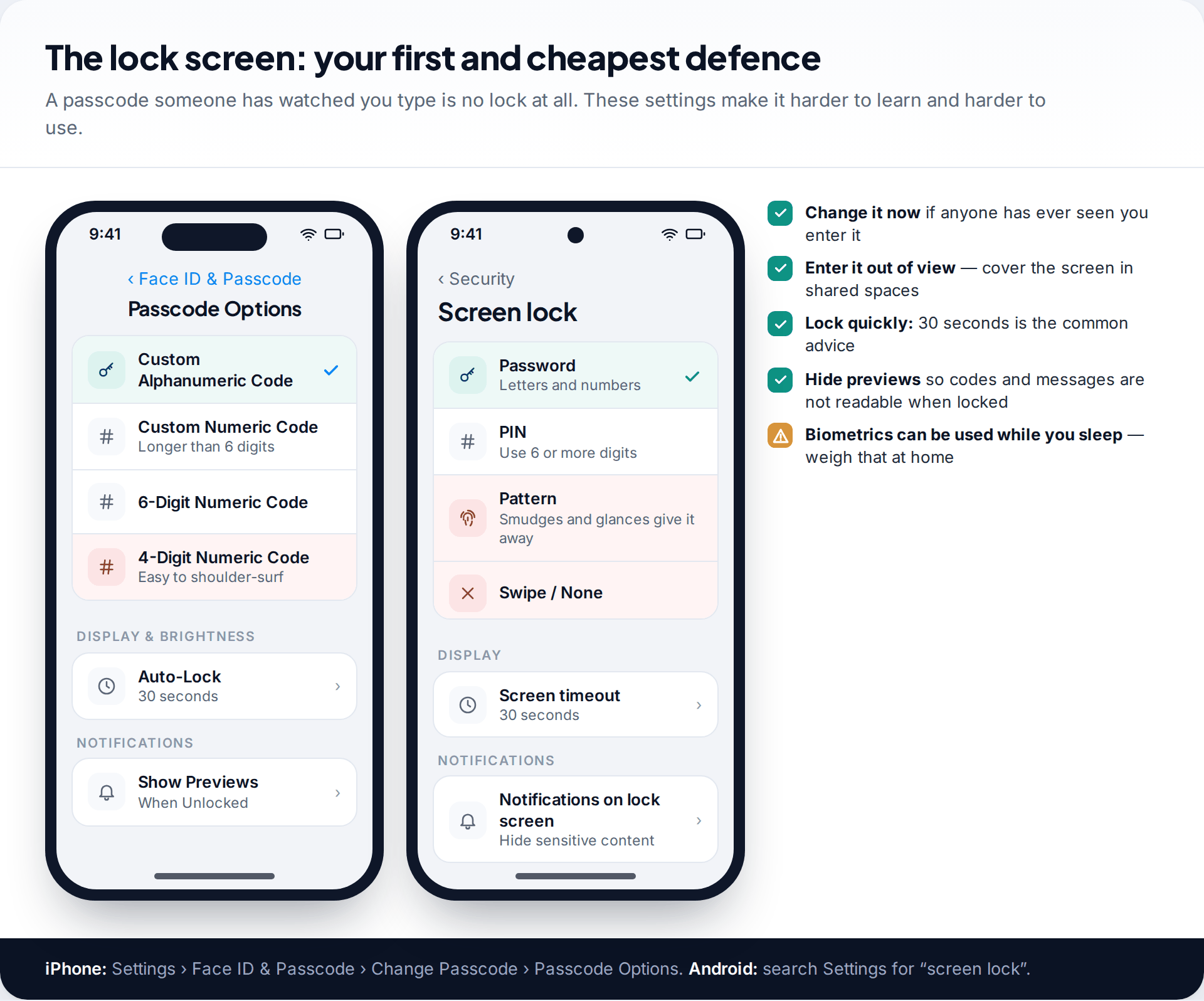 iPhone passcode options with custom alphanumeric code selected and Android screen lock options with password selected, beside a lock screen checklist