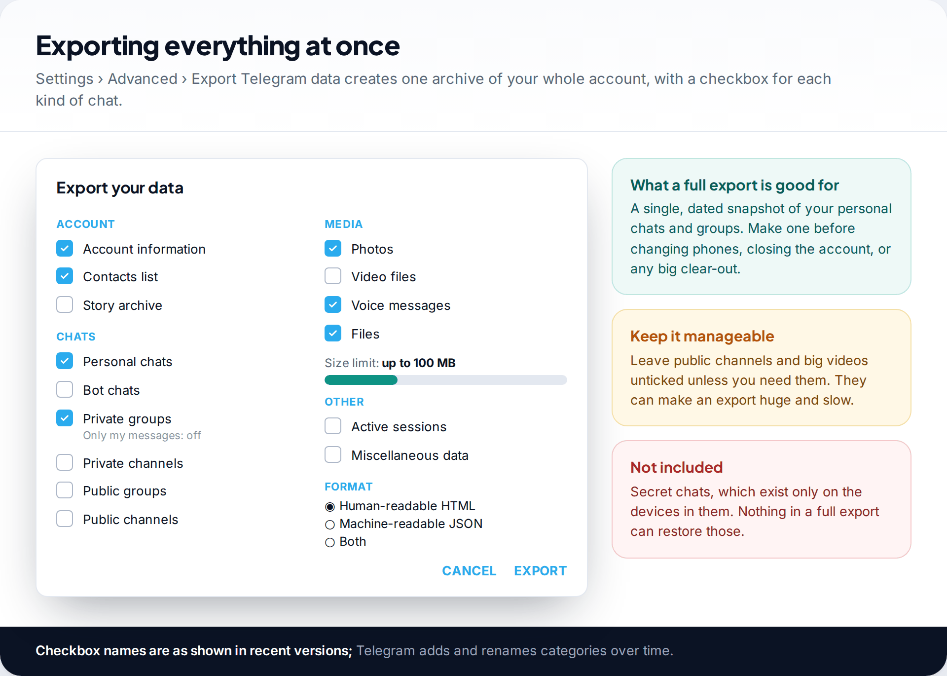 Telegram Desktop Export your data dialog with checkboxes for account information, personal chats, private groups, channels, media types, size limit and output format