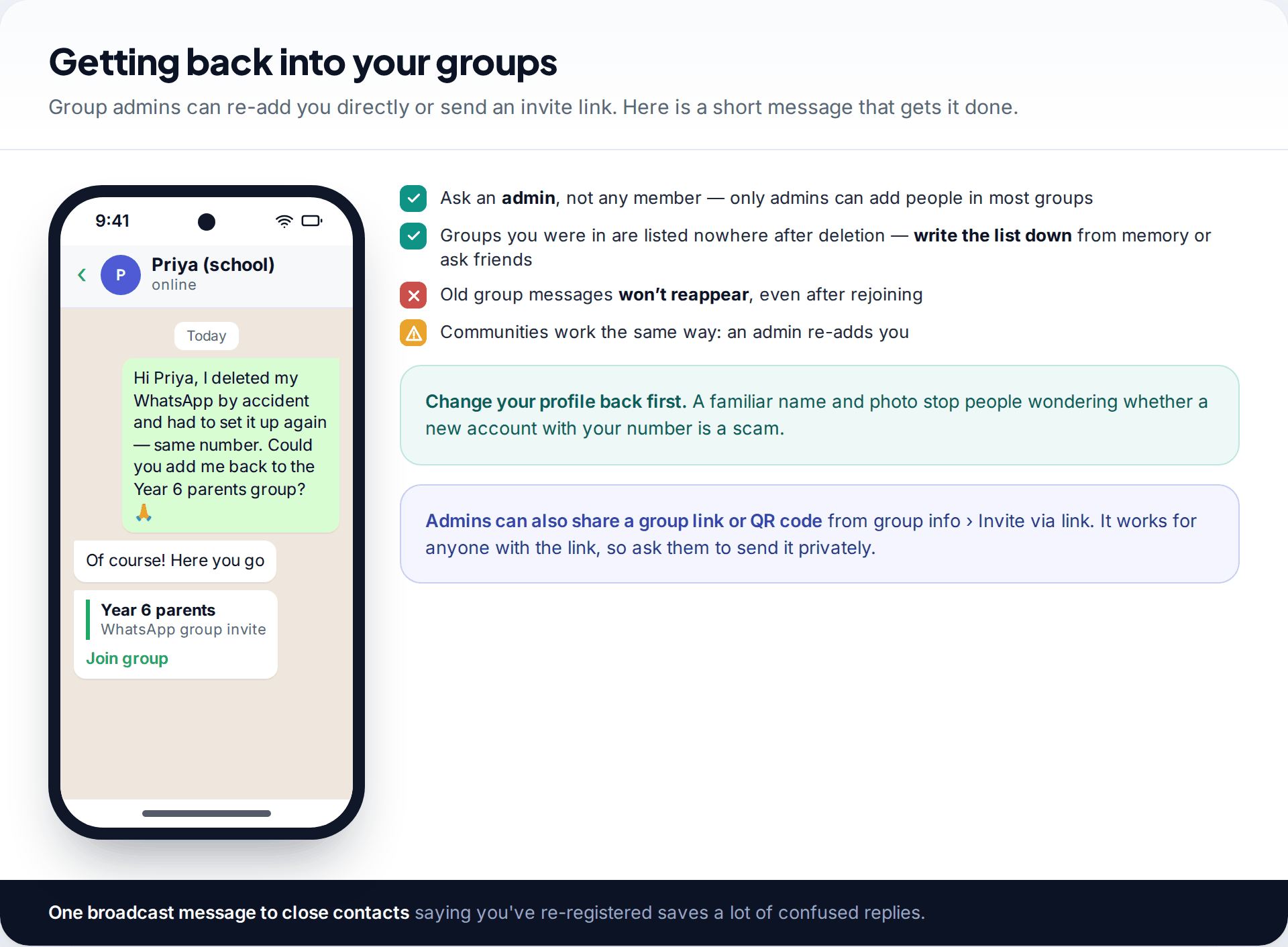 WhatsApp chat asking a group admin to add you back after re-registering, with the admin replying with a group invite link, and a checklist for rejoining groups