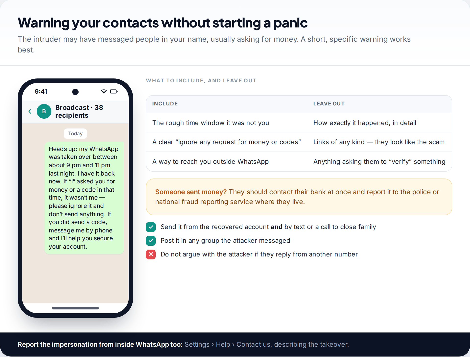 WhatsApp broadcast message warning contacts that the account was taken over during a set time and asking them to ignore requests for money or codes