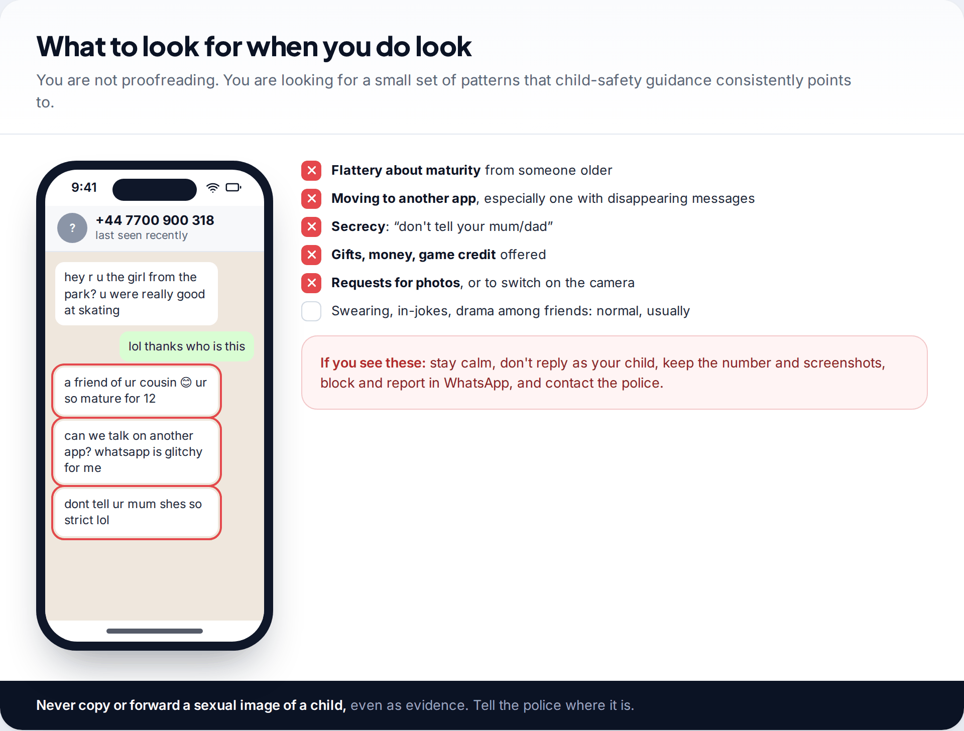 WhatsApp chat from an unknown number flattering a 12-year-old, asking to move apps and to keep it secret, beside a checklist of warning signs